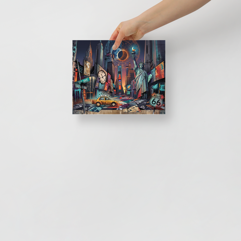 A surrealist illustration of New York City beneath a glowing solar eclipse and zodiac chart, featuring the Statue of Liberty, a yellow taxi, and a Route 66 sign. A psychedelic / cosmic piece titled 'The Eclipse over 5th Avenue'.