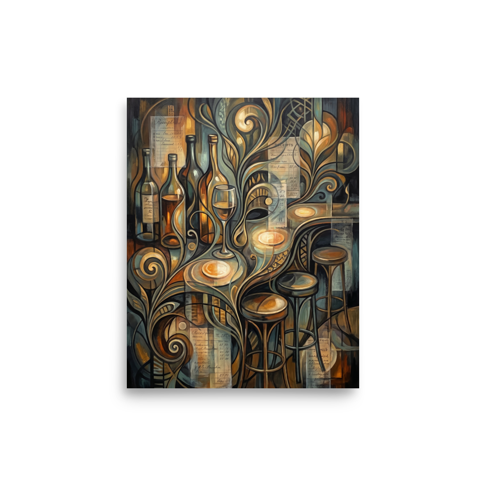 An Art Nouveau oil painting of a bar counter with wine bottles, glowing glassware, and bar stools woven with vintage receipts and golden flourishes, ideal for a dining room or bar. Available as the Lyco art art print 'The Ledger of Reverie'.
