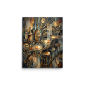An Art Nouveau oil painting of a bar counter with wine bottles, glowing glassware, and bar stools woven with vintage receipts and golden flourishes, ideal for a dining room or bar. Available as the Lyco art art print 'The Ledger of Reverie'.