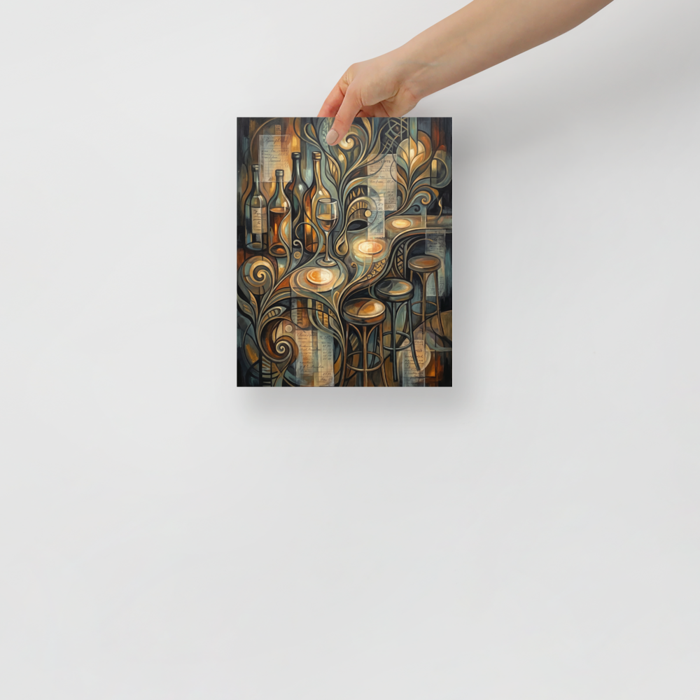 Fine art print 'The Ledger of Reverie' in a Lyco art style. An Art Nouveau oil painting of a bar counter with wine bottles, glowing glassware, and bar stools woven with vintage receipts and golden flourishes, ideal for a dining room or bar.