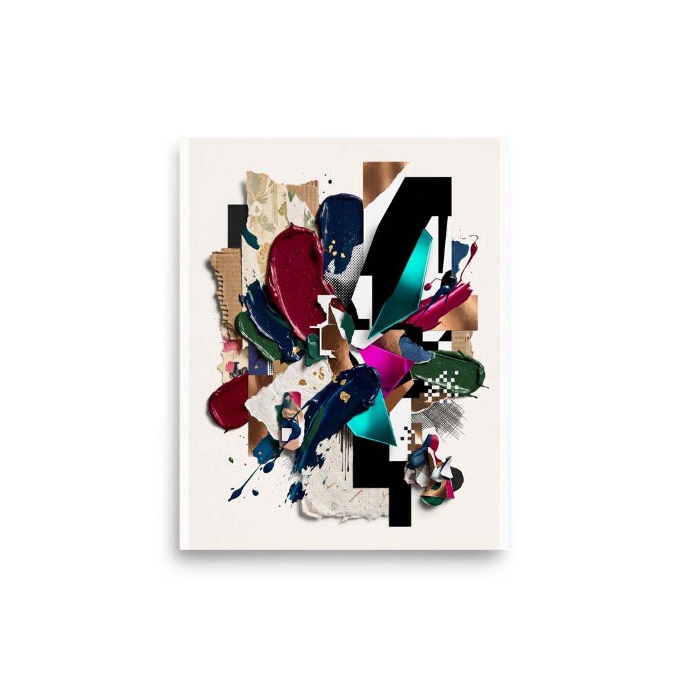 Assemblage wall art exploring modern, 'Geometric Synthesis'. A modern mixed-media collage combining corrugated cardboard, thick paint smears, and bold geometric shapes, creating an eye-catching centerpiece for a Studio or Office.