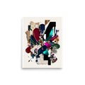 Assemblage wall art exploring modern, 'Geometric Synthesis'. A modern mixed-media collage combining corrugated cardboard, thick paint smears, and bold geometric shapes, creating an eye-catching centerpiece for a Studio or Office.