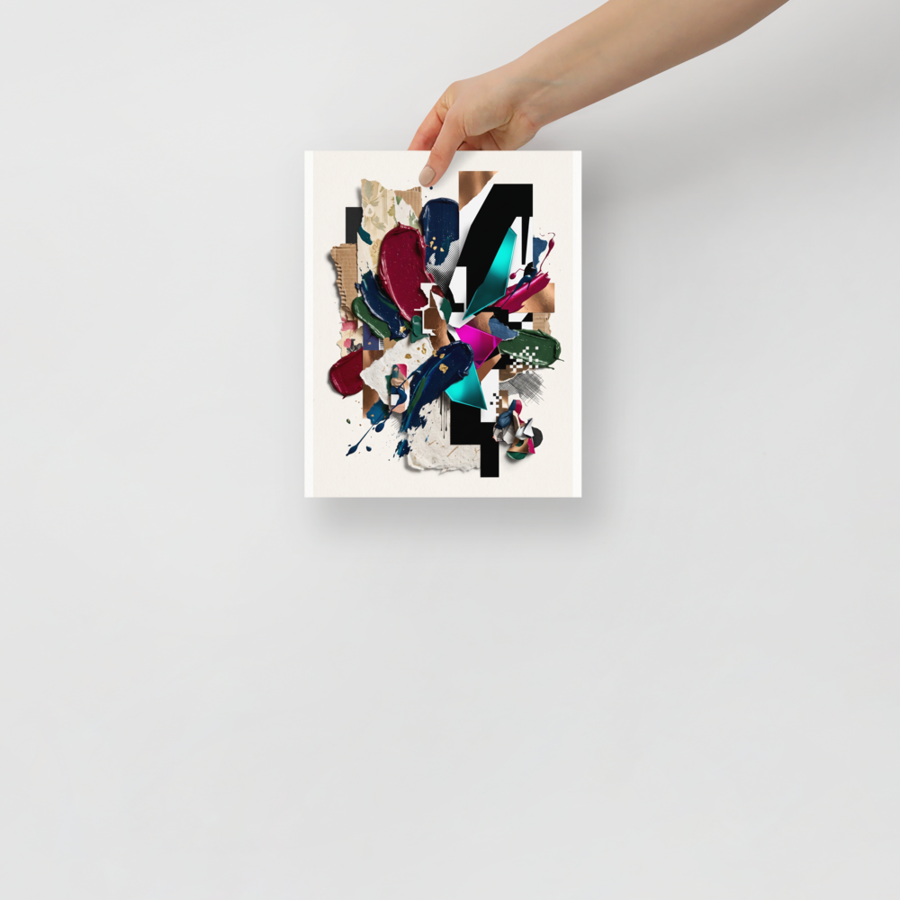 'Geometric Synthesis' by Meron. A modern mixed-media collage combining corrugated cardboard, thick paint smears, and bold geometric shapes, creating an eye-catching centerpiece for a Studio or Office. A Assemblage wall art print.