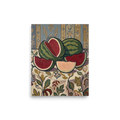 'Watermelon Still Life with Ornate Wallpaper' by Meron. Vibrant still life featuring sliced green and red watermelons on an ornate tablecloth, ideal for Dining Room decor. A Les Nabis wall art print.