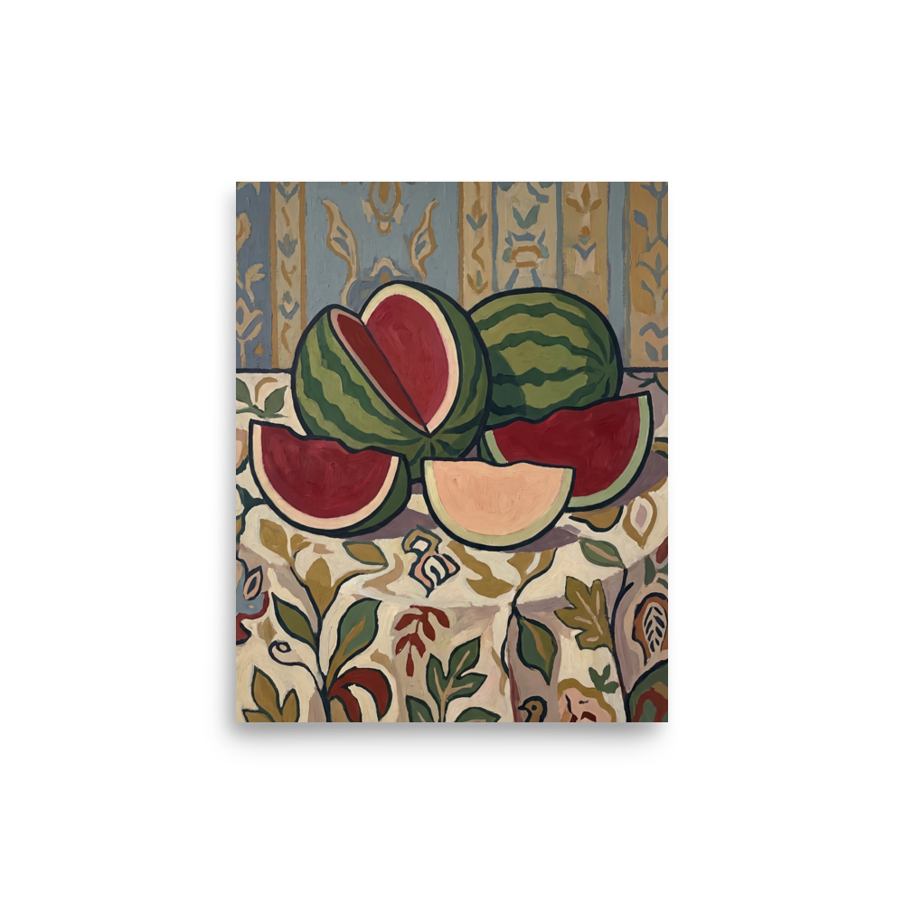 'Watermelon Still Life with Ornate Wallpaper' by Meron. Vibrant still life featuring sliced green and red watermelons on an ornate tablecloth, ideal for Dining Room decor. A Les Nabis wall art print.