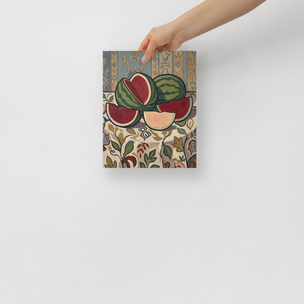 'Watermelon Still Life with Ornate Wallpaper', Les Nabis wall art in forest green and crimson. Vibrant still life featuring sliced green and red watermelons on an ornate tablecloth, ideal for Dining Room decor.