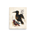 An expressive mixed-media painting of a large black raven and a red bird on vintage parchment with paint splatters, perfect for a cozy library or office. A Dau-al-Set print with a oil painting look, titled 'Sentinels of the Page'.