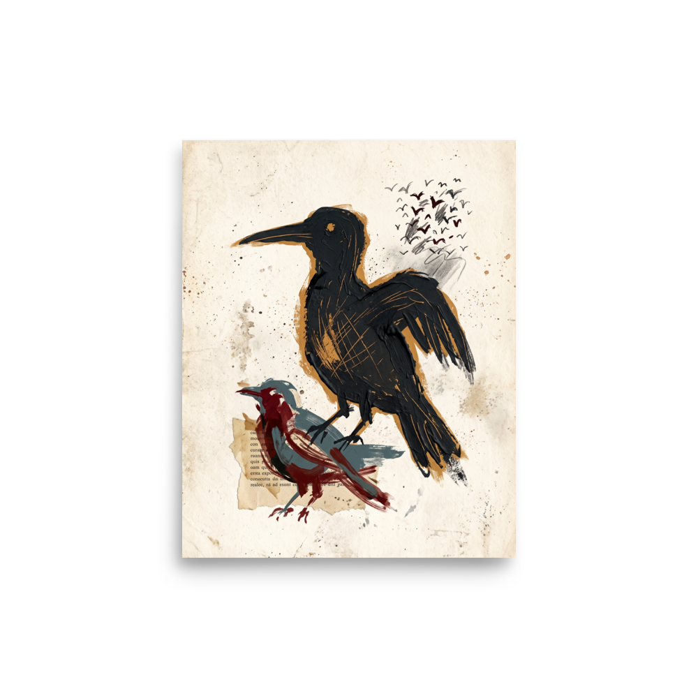 An expressive mixed-media painting of a large black raven and a red bird on vintage parchment with paint splatters, perfect for a cozy library or office. A Dau-al-Set print with a oil painting look, titled 'Sentinels of the Page'.