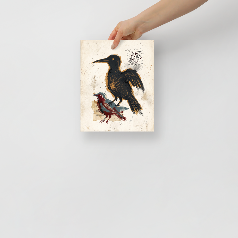 'Sentinels of the Page'. An expressive mixed-media painting of a large black raven and a red bird on vintage parchment with paint splatters, perfect for a cozy library or office. Offered as a Dau-al-Set print.