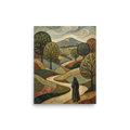 'The Winding Path'. A decorative landscape painting of a cloaked figure walking on a winding path through rolling green and golden hills beneath swirling clouds, ideal for a living room or office. Offered as a Les Nabis print.