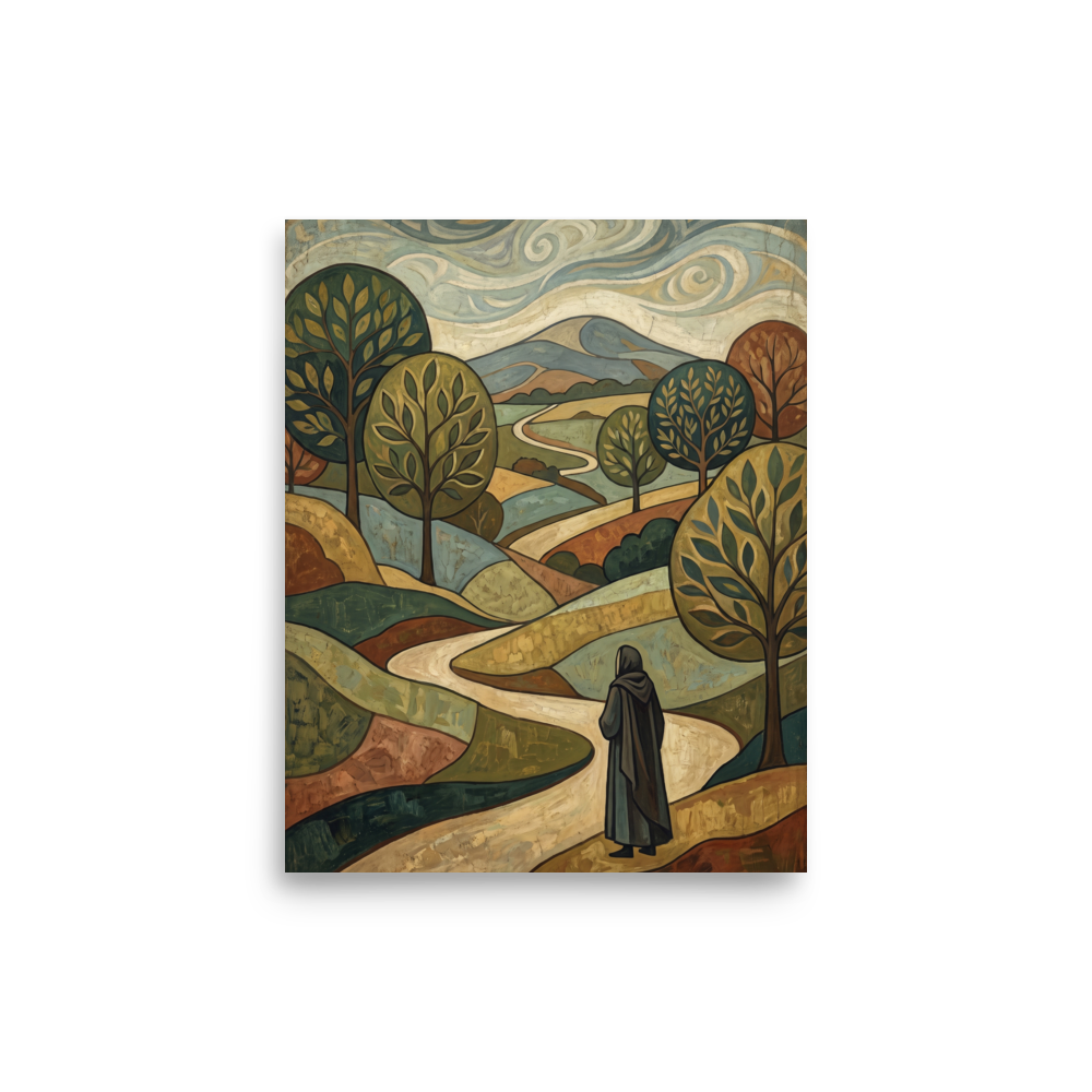 'The Winding Path'. A decorative landscape painting of a cloaked figure walking on a winding path through rolling green and golden hills beneath swirling clouds, ideal for a living room or office. Offered as a Les Nabis print.