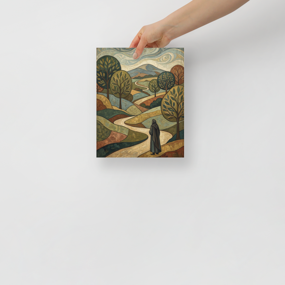 The Les Nabis print 'The Winding Path'. A decorative landscape painting of a cloaked figure walking on a winding path through rolling green and golden hills beneath swirling clouds, ideal for a living room or office.