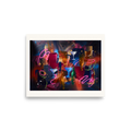 Pop art wall art, 'Midnight Lounge Impasto'. An abstract composition featuring glowing neon martini glasses and bottles over thick dark brushstrokes, perfect for elevating a home bar or cigar lounge.