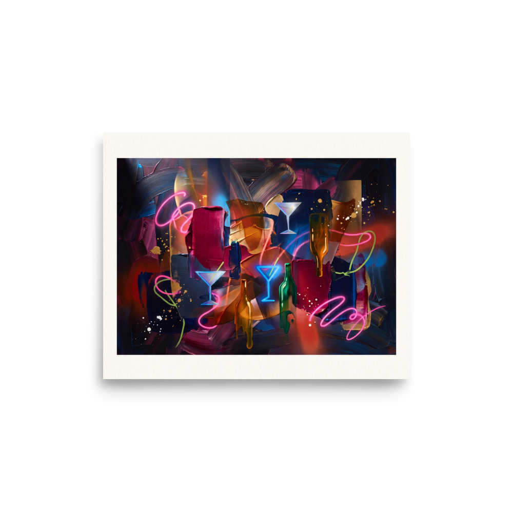 Pop art wall art, 'Midnight Lounge Impasto'. An abstract composition featuring glowing neon martini glasses and bottles over thick dark brushstrokes, perfect for elevating a home bar or cigar lounge.