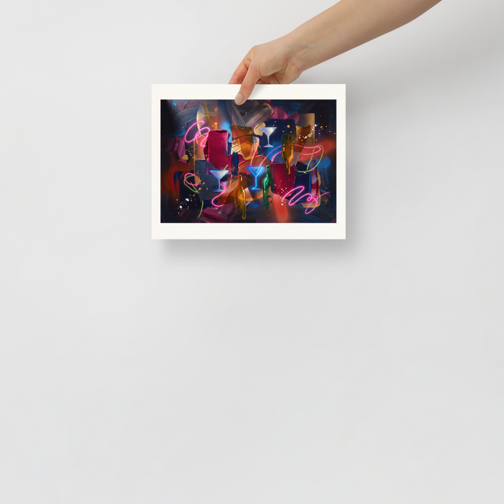 Fine art print 'Midnight Lounge Impasto' in a Pop art style. An abstract composition featuring glowing neon martini glasses and bottles over thick dark brushstrokes, perfect for elevating a home bar or cigar lounge.