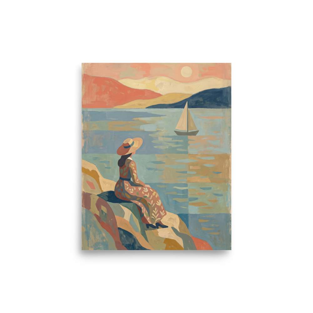 A serene Les Nabis coastal painting of a woman in a straw hat sitting on rocky cliffs looking out at a sailboat on calm waters under a soft peach sky, ideal for a bedroom or sunroom. Available as the Les Nabis art print 'Coastal Reverie'.