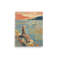 A serene Les Nabis coastal painting of a woman in a straw hat sitting on rocky cliffs looking out at a sailboat on calm waters under a soft peach sky, ideal for a bedroom or sunroom. Available as the Les Nabis art print 'Coastal Reverie'.
