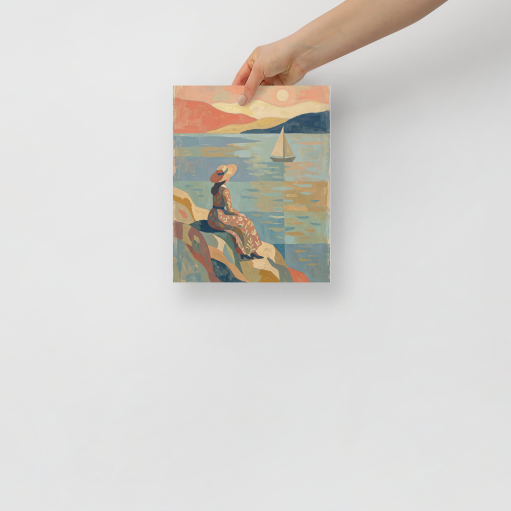 Les Nabis wall art for the bedroom, 'Coastal Reverie'. A serene Les Nabis coastal painting of a woman in a straw hat sitting on rocky cliffs looking out at a sailboat on calm waters under a soft peach sky, ideal for a bedroom or sunroom.