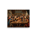 A classical Renaissance painting showing noblemen in 16th-century attire competing in a hot dog eating contest at a grand banquet table while courtiers cheer, suitable for a dining room or kitchen. Available as the Renaissance art print 'The Hot Dog Banquet'.