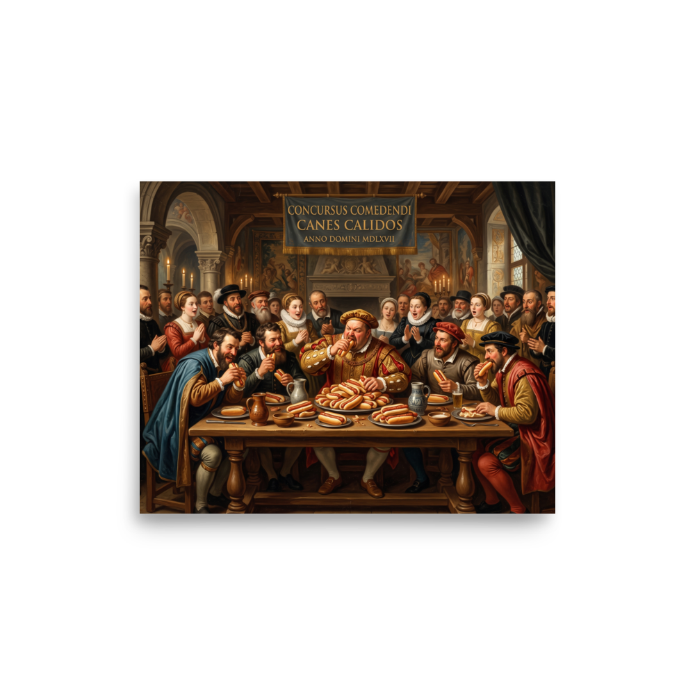 A classical Renaissance painting showing noblemen in 16th-century attire competing in a hot dog eating contest at a grand banquet table while courtiers cheer, suitable for a dining room or kitchen. Available as the Renaissance art print 'The Hot Dog Banquet'.