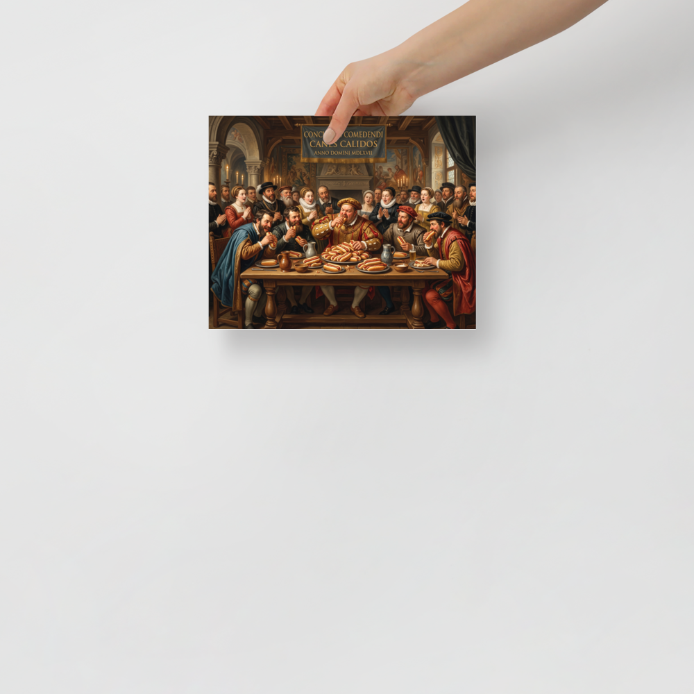 'The Hot Dog Banquet', a Renaissance wall art print. A classical Renaissance painting showing noblemen in 16th-century attire competing in a hot dog eating contest at a grand banquet table while courtiers cheer, suitable for a dining room or kitchen.