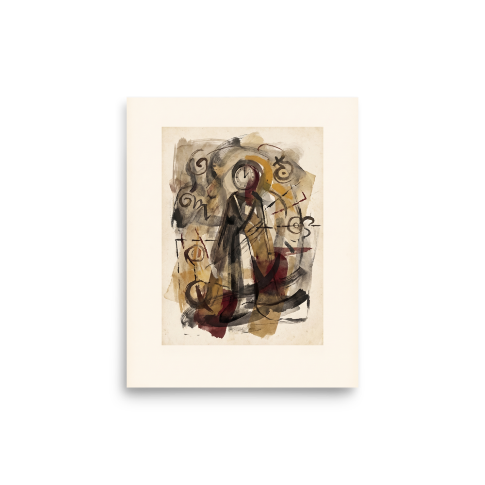 Wall art print 'The Keeper of Time' in a Dau-al-Set style. A surrealist watercolor wash depicting a standing figure with a clock for a head surrounded by arcane symbols and earthy brushstrokes, perfect for a quiet library or office.