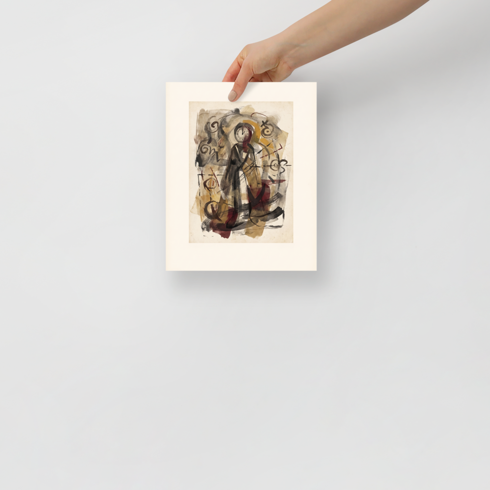 'The Keeper of Time', Dau-al-Set wall art in beige and brown. A surrealist watercolor wash depicting a standing figure with a clock for a head surrounded by arcane symbols and earthy brushstrokes, perfect for a quiet library or office.