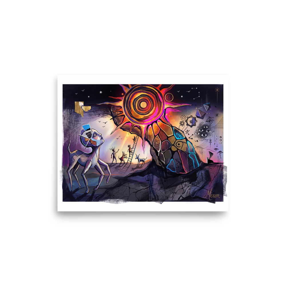 Surreal multi-legged creatures gaze up at a radiant concentric sun with floating eyes and ladders against a starry sky, making a conversation piece for a living room. A Dau-al-Set print with a digital art look, titled 'The Concentric Sun'.