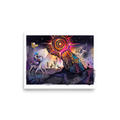 Surreal multi-legged creatures gaze up at a radiant concentric sun with floating eyes and ladders against a starry sky, making a conversation piece for a living room. A Dau-al-Set print with a digital art look, titled 'The Concentric Sun'.
