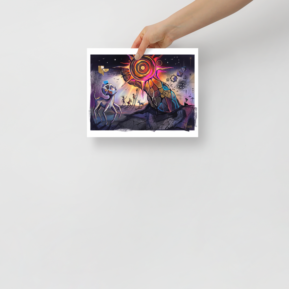 Fine art print 'The Concentric Sun' in a Dau-al-Set style. Surreal multi-legged creatures gaze up at a radiant concentric sun with floating eyes and ladders against a starry sky, making a conversation piece for a living room.