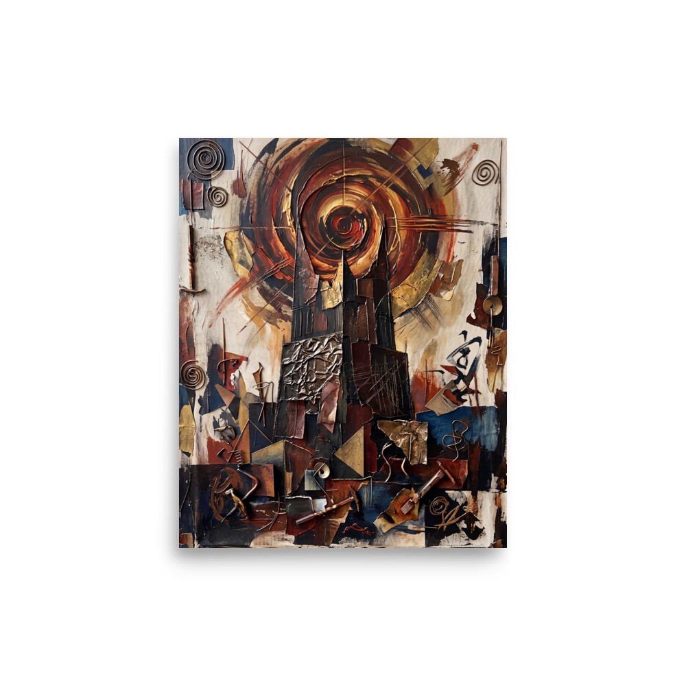 An abstract impasto and assemblage painting depicting dark gothic spires beneath a swirling bronze vortex of sun, surrounded by metallic fragments and spirals, perfect for an office. A Dau-al-Set art print titled 'Cathedral of the Sun'.