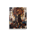 An abstract impasto and assemblage painting depicting dark gothic spires beneath a swirling bronze vortex of sun, surrounded by metallic fragments and spirals, perfect for an office. A Dau-al-Set art print titled 'Cathedral of the Sun'.