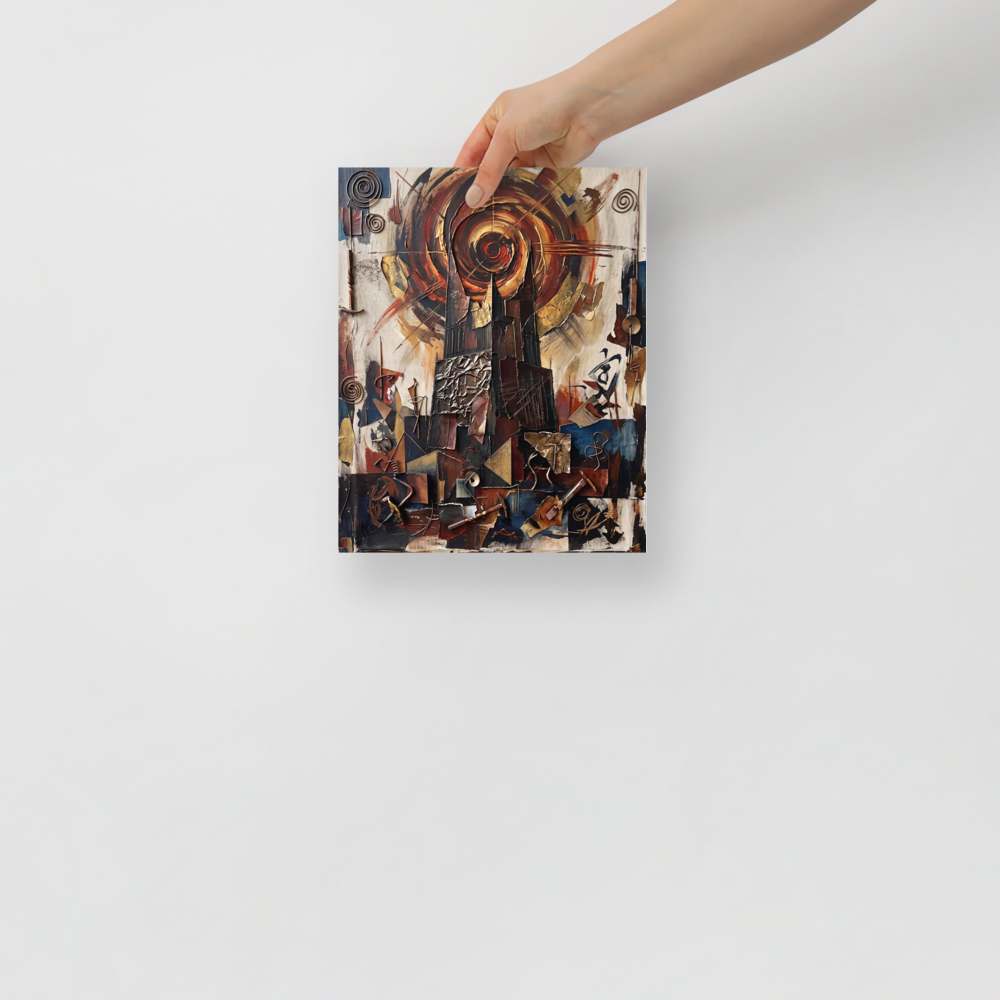 'Cathedral of the Sun'. An abstract impasto and assemblage painting depicting dark gothic spires beneath a swirling bronze vortex of sun, surrounded by metallic fragments and spirals, perfect for an office. Offered as a Dau-al-Set print.