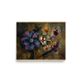 Wall art print 'Checkered Flora' in a Dau-al-Set style. Textured blue and purple flowers with a checkerboard center float over an earthy geometric grid, making a refined focal point for a serene bedroom.