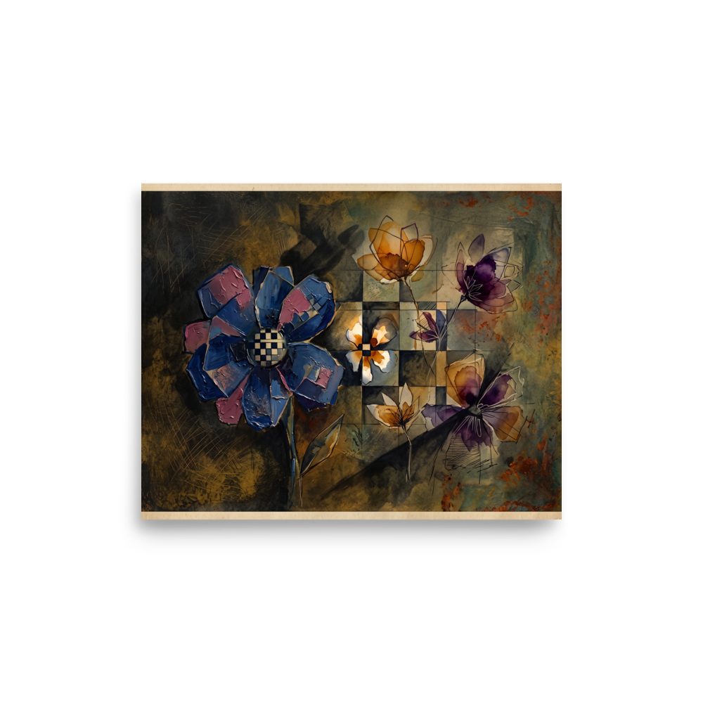 Wall art print 'Checkered Flora' in a Dau-al-Set style. Textured blue and purple flowers with a checkerboard center float over an earthy geometric grid, making a refined focal point for a serene bedroom.