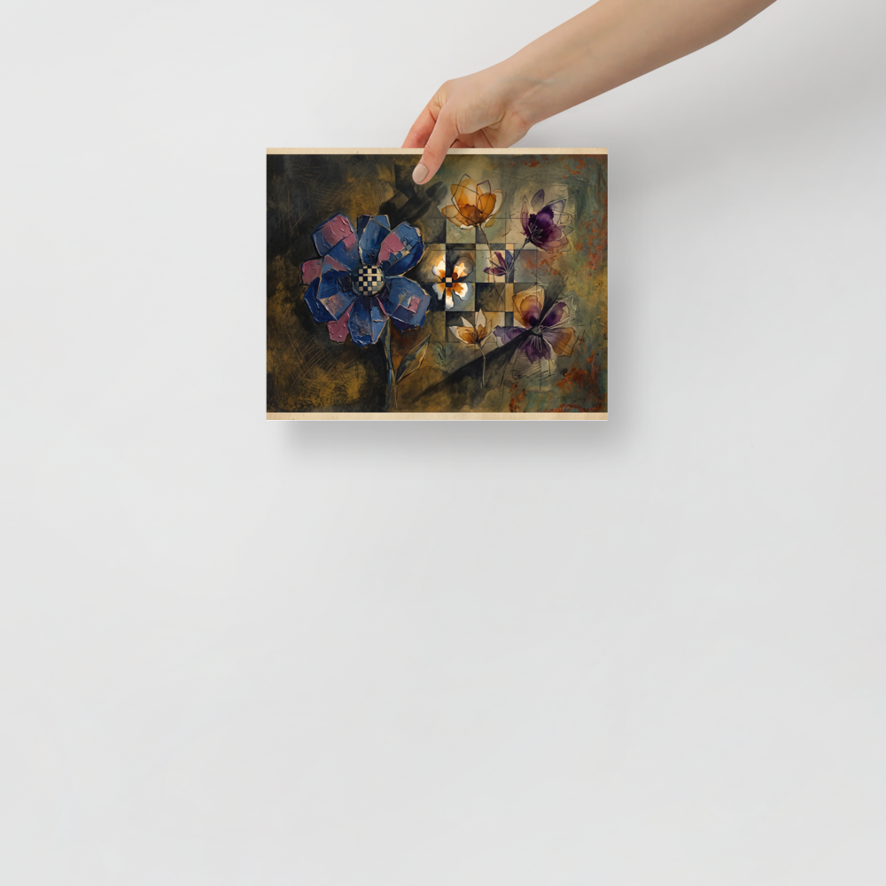 'Checkered Flora'. Textured blue and purple flowers with a checkerboard center float over an earthy geometric grid, making a refined focal point for a serene bedroom. Offered as a Dau-al-Set print.