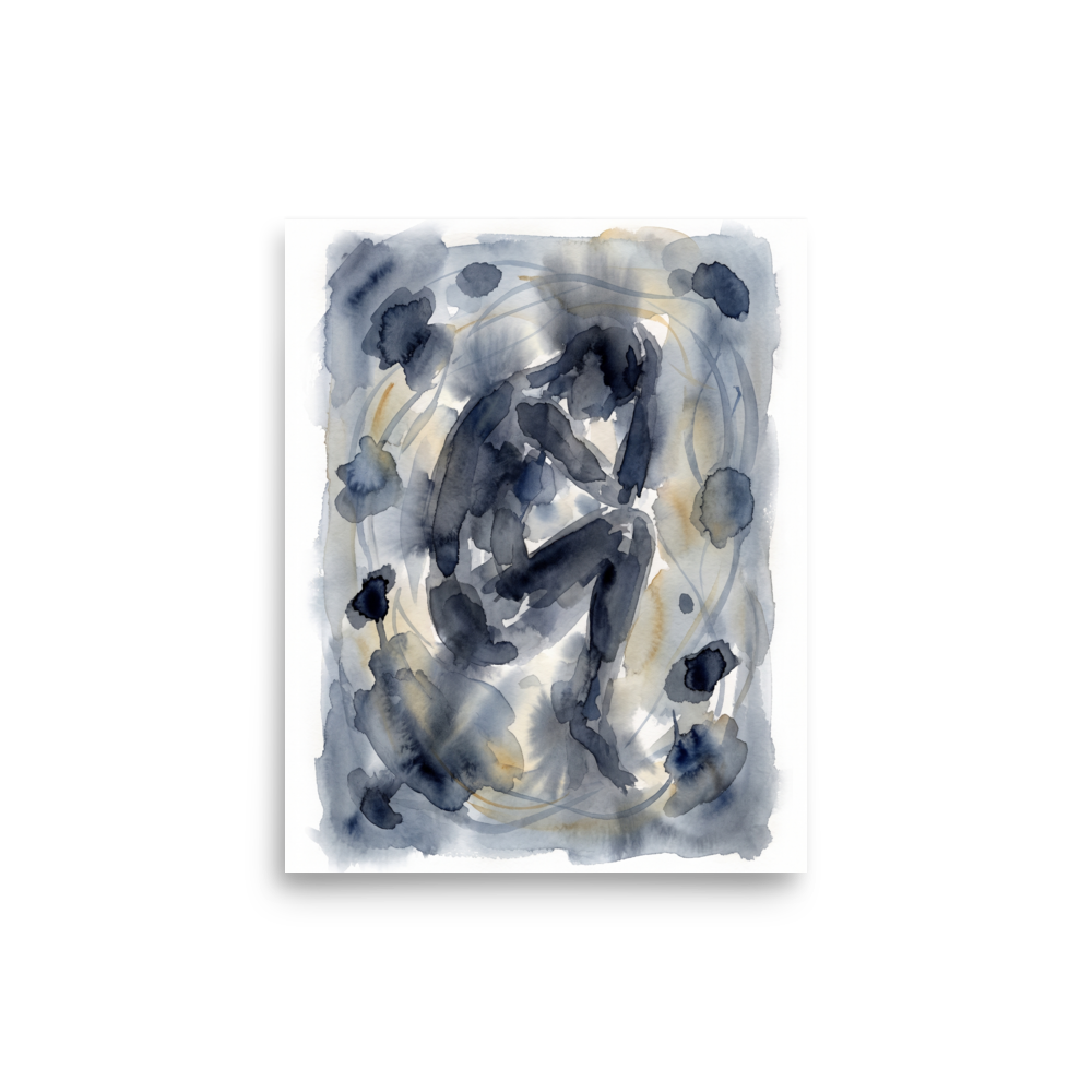 'Quiet Solitude', Transgressive art wall art in indigo and slate gray. A dark indigo watercolor figure crouched in contemplation surrounded by ink splotches, making a moody statement piece for a quiet bedroom or office.