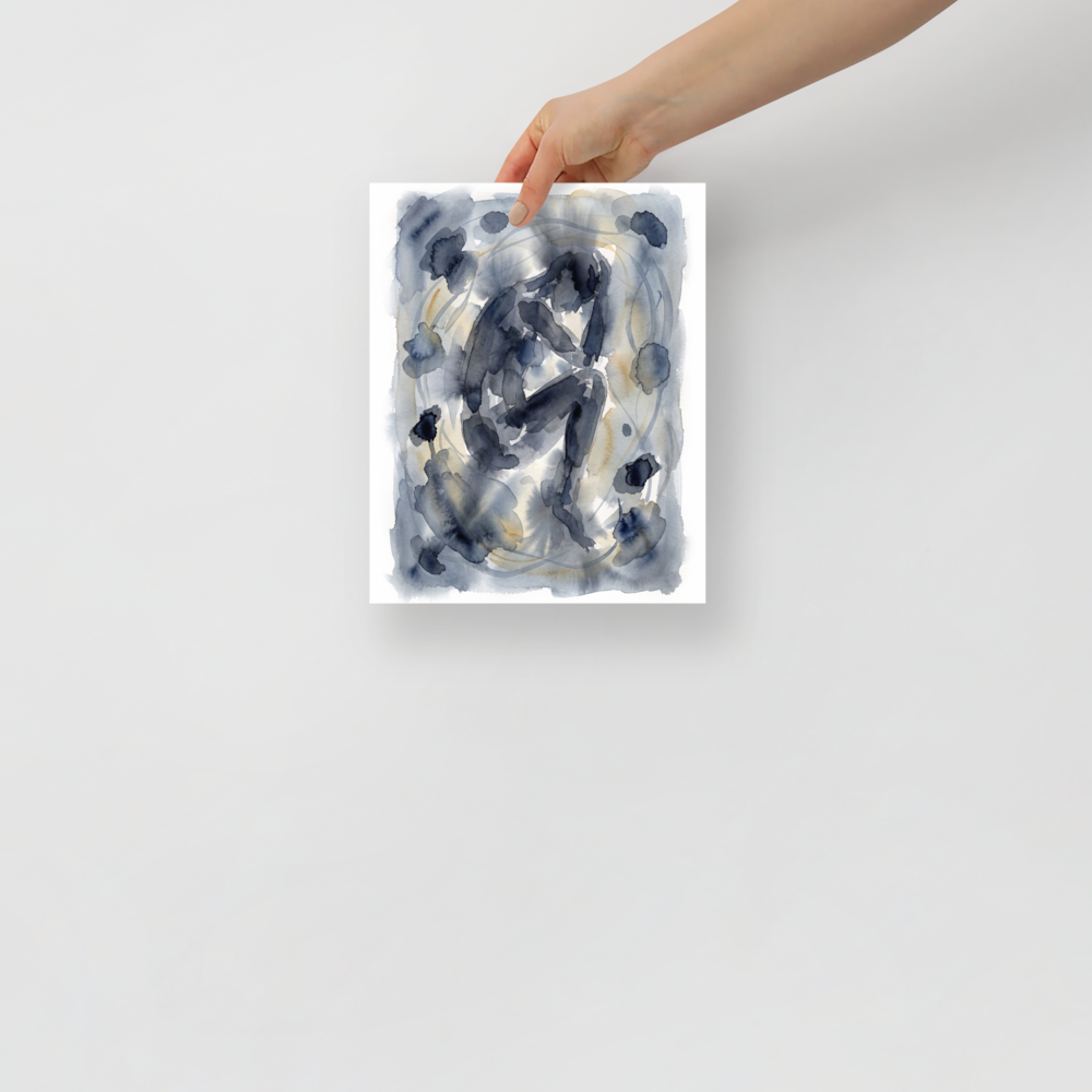 Transgressive art wall art for the bedroom, 'Quiet Solitude'. A dark indigo watercolor figure crouched in contemplation surrounded by ink splotches, making a moody statement piece for a quiet bedroom or office.