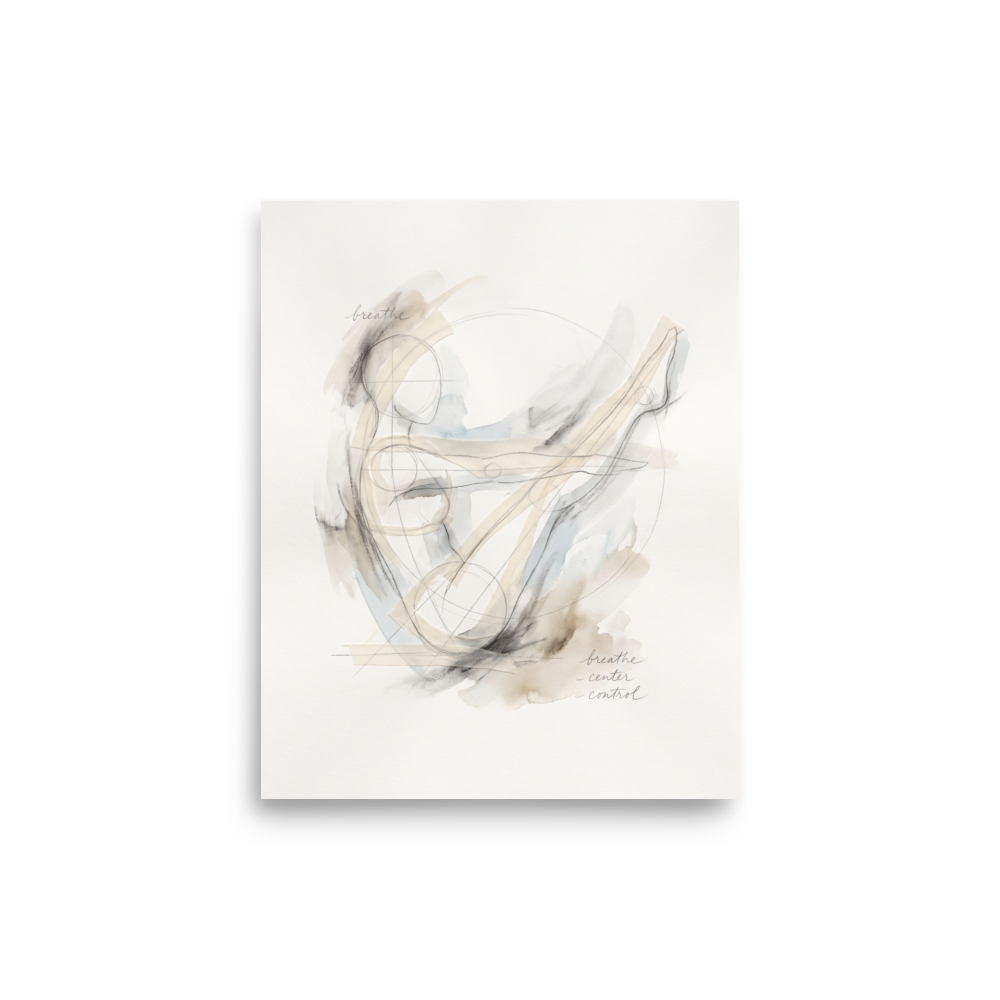 A minimalist figure sketch in soft watercolor washes with gentle geometric lines and the handwritten words breathe, center, and control, creating a tranquil focus for a meditation room or bedroom. A calmness piece titled 'Breathe and Center'.