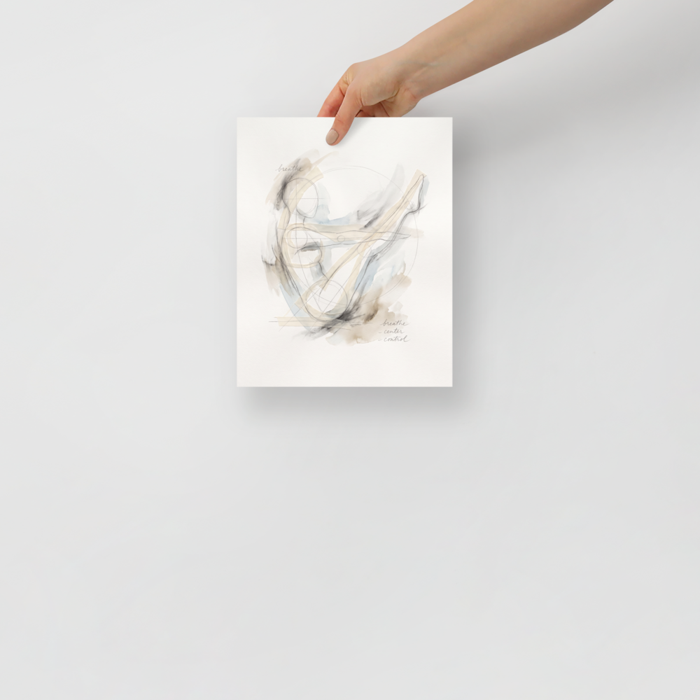 'Breathe and Center', part of Meron's Lyco art wall art. A minimalist figure sketch in soft watercolor washes with gentle geometric lines and the handwritten words breathe, center, and control, creating a tranquil focus for a meditation room or bedroom.