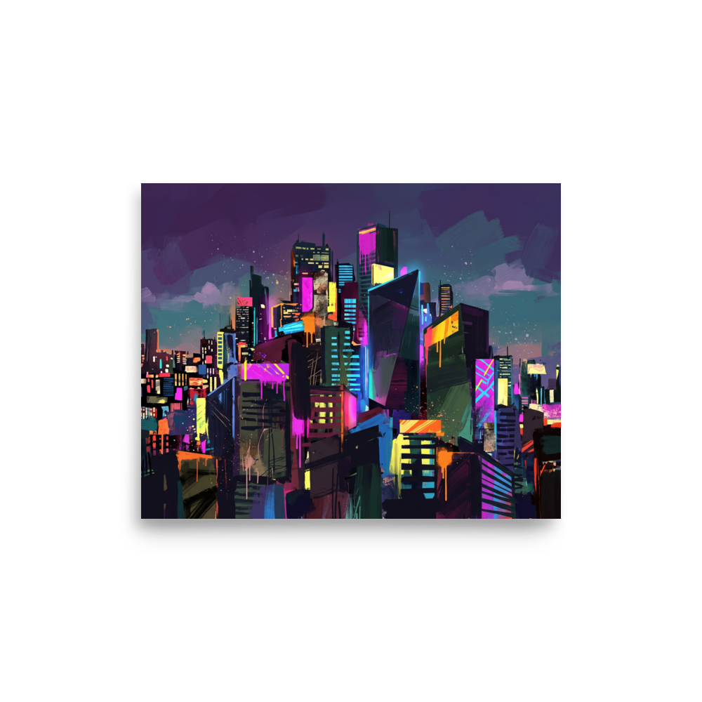 An expressive digital painting of a glowing futuristic skyline with neon lights and urban paint drips, creating a dynamic focal point for a Game Room or Office. A Neo-expressionism print with a digital art look, titled 'Neon Metropolis'.