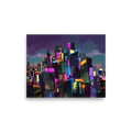 An expressive digital painting of a glowing futuristic skyline with neon lights and urban paint drips, creating a dynamic focal point for a Game Room or Office. A Neo-expressionism print with a digital art look, titled 'Neon Metropolis'.