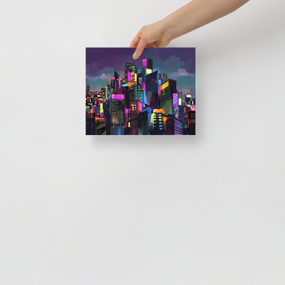 Wall art print 'Neon Metropolis' in a Neo-expressionism style. An expressive digital painting of a glowing futuristic skyline with neon lights and urban paint drips, creating a dynamic focal point for a Game Room or Office.