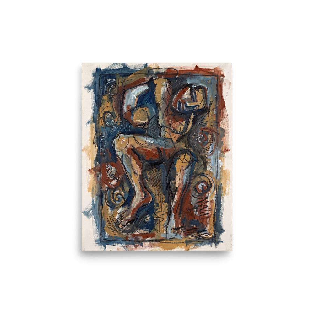 'Abstract Limbs in Sienna'. An abstract figurative oil painting of intertwined limbs in earthy sienna and muted blue tones, adding depth and brooding energy to a bedroom or living room. Offered as a Neo-expressionism print.
