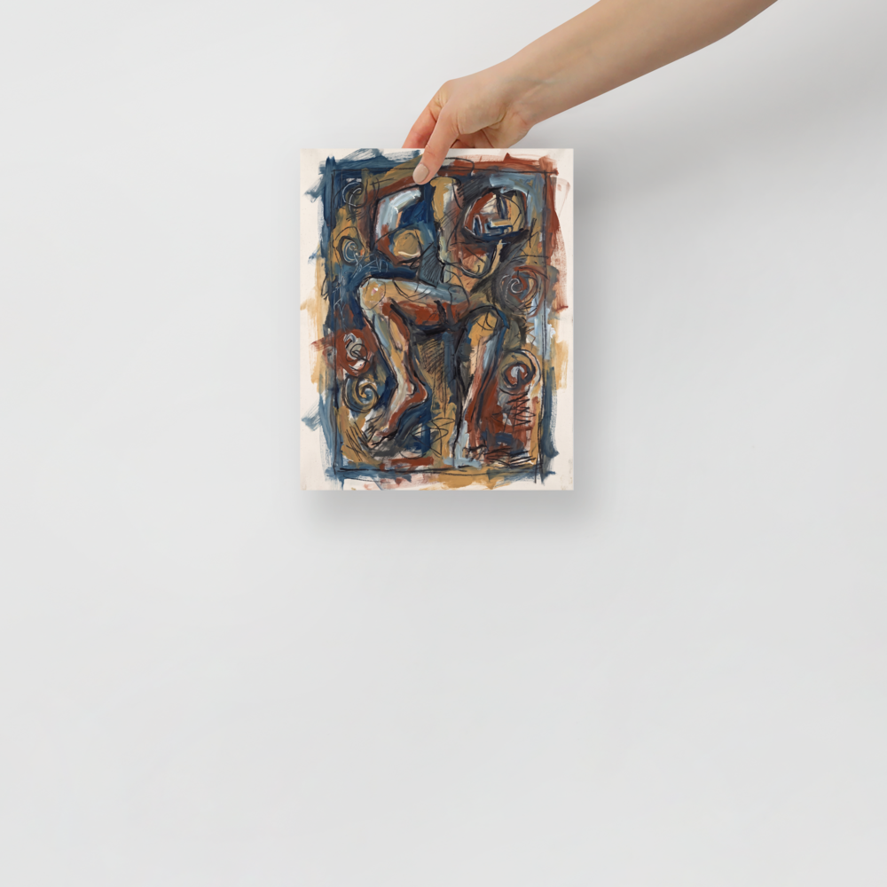 An abstract figurative oil painting of intertwined limbs in earthy sienna and muted blue tones, adding depth and brooding energy to a bedroom or living room. A brooding piece titled 'Abstract Limbs in Sienna'.