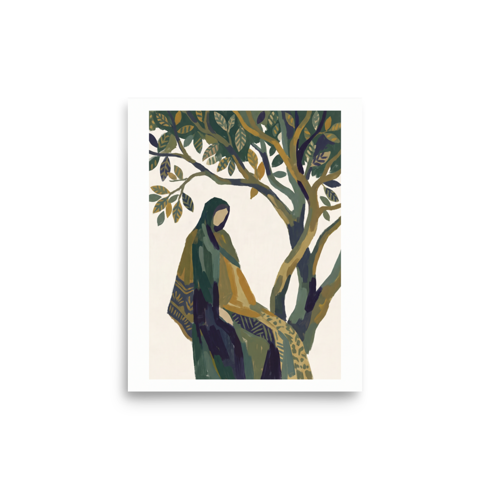 A tranquil painting of a cloaked figure sitting peacefully beneath the green branches of an olive tree, creating a calming centerpiece for a bedroom or meditation space. A Les Nabis print with a tempera look, titled 'Beneath the Olive Tree'.