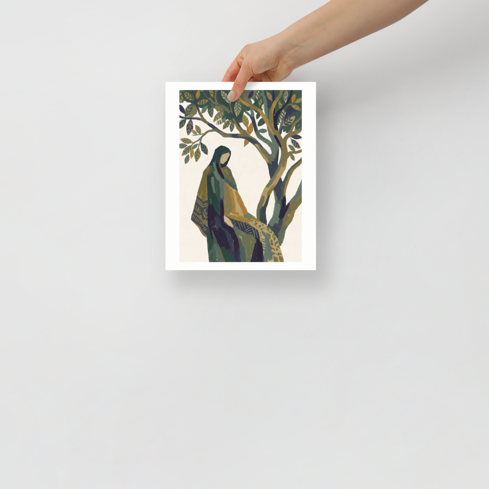 Les Nabis wall art exploring nature, 'Beneath the Olive Tree'. A tranquil painting of a cloaked figure sitting peacefully beneath the green branches of an olive tree, creating a calming centerpiece for a bedroom or meditation space.