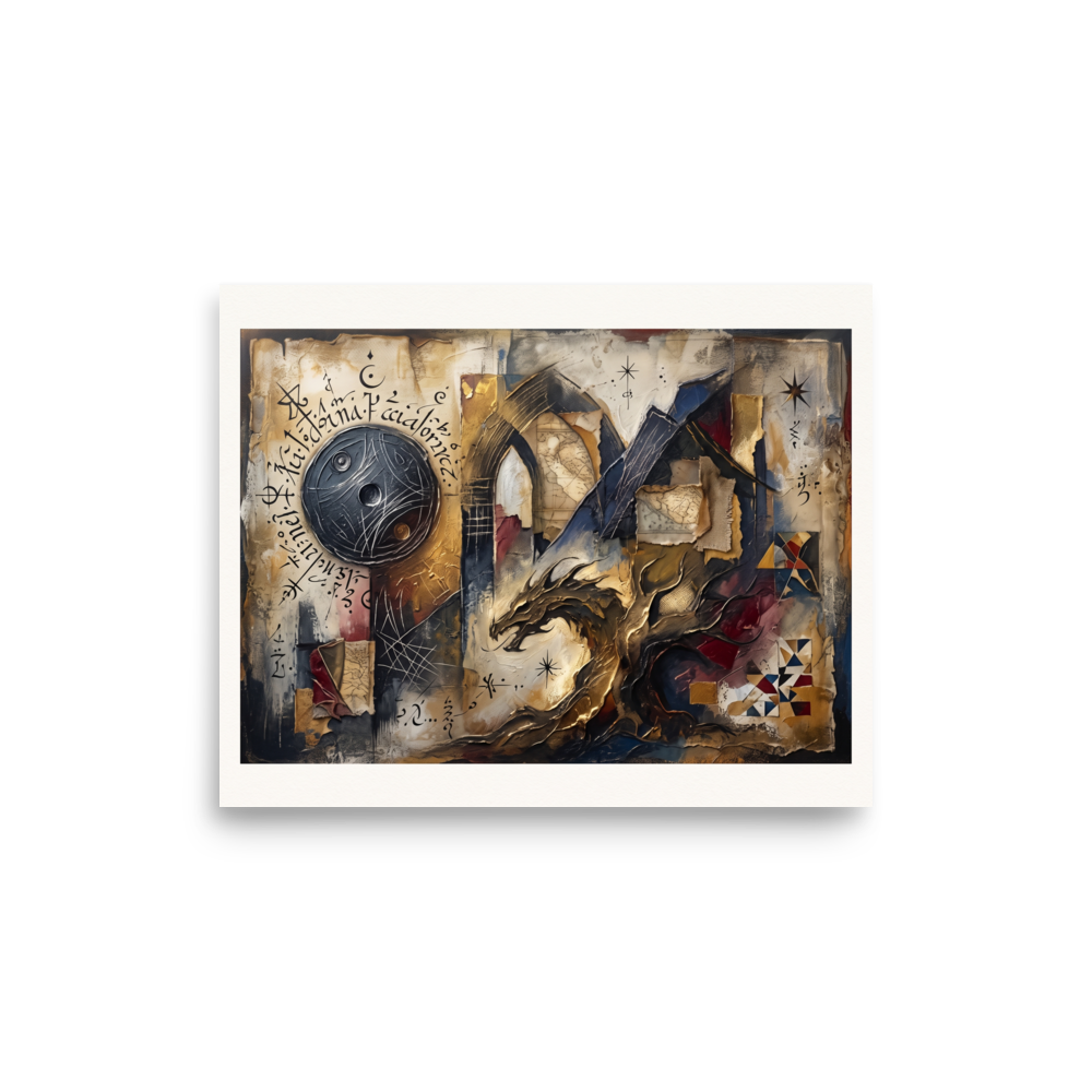 An ornate mixed-media assemblage featuring a sculpted golden dragon, a dark celestial sphere with alchemical script, and torn map fragments, ideal for a library or study. A Dau-al-Set art print titled 'The Alchemist's Dragon'.