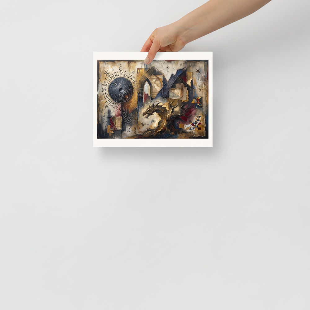 Wall art print 'The Alchemist's Dragon' in a Dau-al-Set style. An ornate mixed-media assemblage featuring a sculpted golden dragon, a dark celestial sphere with alchemical script, and torn map fragments, ideal for a library or study.