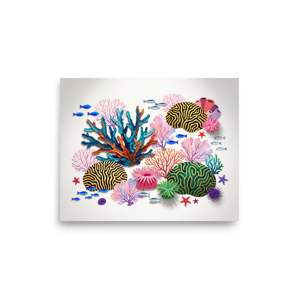 Assemblage wall art exploring sea/ocean, 'Reef Symphony'. A colorful mixed-media illustration of a tropical reef with textured coral branches and swimming fish, creating a cheerful atmosphere for a Nursery or Bathroom.